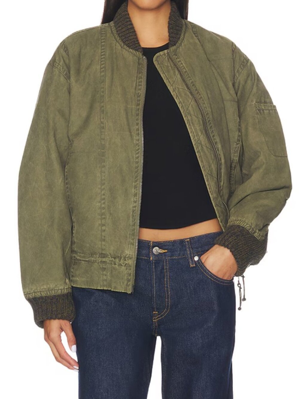 Free People Jax Washed Bomber Jacket in Olive